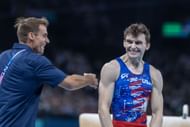 Stephen Nedoroscik of the United States reacts after performing his pommel horse routine during Artistic Gymnastics Men's Qualification at the Bercy Arena during the 2024 Summer Olympic Games in Paris, France. (Photo via Getty Images